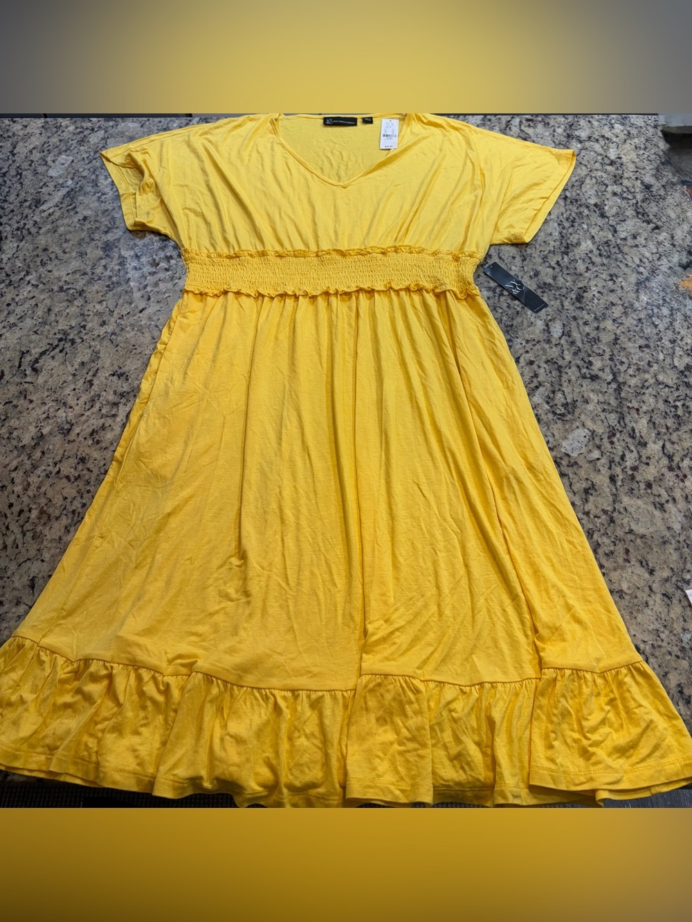 New York & Company Yellow Smocked Waist Casual Dress